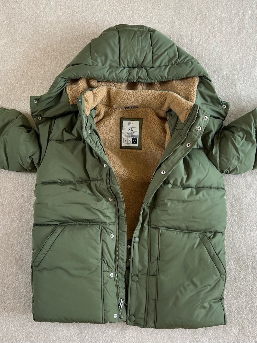 NWT New GAP Kids Olive ColdControl Max Warmest Puffer Coat with Sherpa Hood